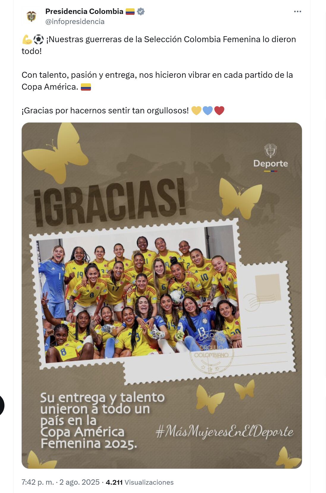 La Presidencia de Colombia destacó el desempeño del seleccionado colombiano femenino en el compromiso contra Brasil - crédito @infopresidencia/X