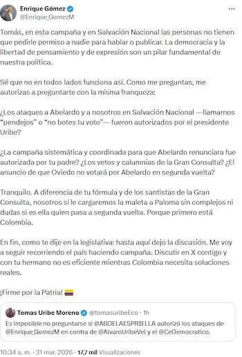 Enrique Gómez defendió autonomía en Salvación Nacional y respondió a Tomás Uribe por críticas - crédito @Enrique_GomezM/X