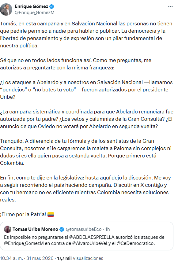 Enrique Gómez defendió autonomía en Salvación Nacional y respondió a Tomás Uribe por críticas - crédito @Enrique_GomezM/X