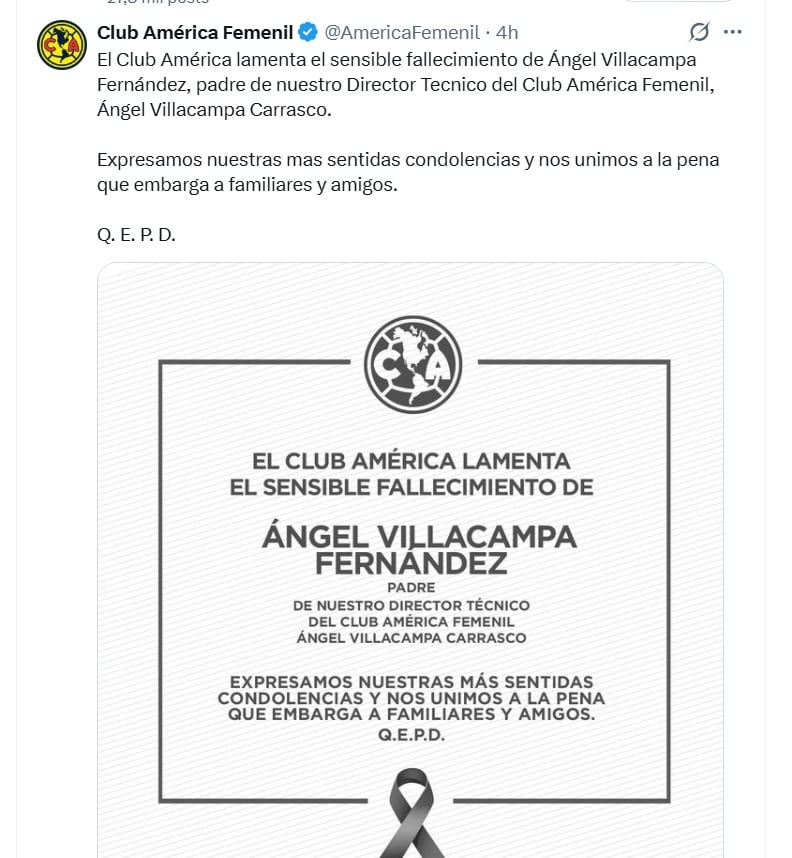 Club América Femenil lamenta el sensible fallecimiento de Ángel Villacampa Fernández, padre de su director técnico, Ángel Villacampa Carrasco, y expresa sus más sentidas condolencias. (X/ @AmericaFemenil)