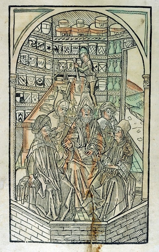 Esta xilografía de Augsburgo del siglo XV muestra una representación alegórica de la botica, destacando la fusión de las esferas del aprendizaje académico, práctico y religioso asociadas con la artesanía médica, el conocimiento natural y la materia médica. © Wellcome Collection.