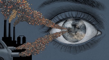 Ilustración en tonos azules y grises de un ojo humano que recibe partículas esféricas emitidas por chimeneas industriales y un tubo de escape.