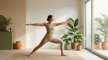 Persona en postura del Guerrero II sobre colchoneta de yoga. La habitación minimalista tiene una ventana, plantas en macetas y decoración en tonos tierra.
