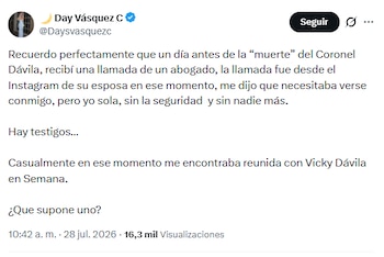 La exesposa de Nicolás Petro Burgos afirmó que la viuda del uniformado se comunicó con ella horas antes del fallecimiento del funcionario para hablar en privado - crédito @Daysvasquezc/X