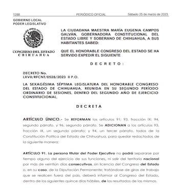 Documento oficial del Congreso de Chihuahua, un decreto con el escudo nacional mexicano, detallando reformas a artículos constitucionales como el 91
