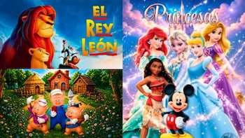 Afiche dividido en tres partes que muestra ilustraciones de El Rey León, varias princesas junto a Mickey Mouse y los tres cerditos