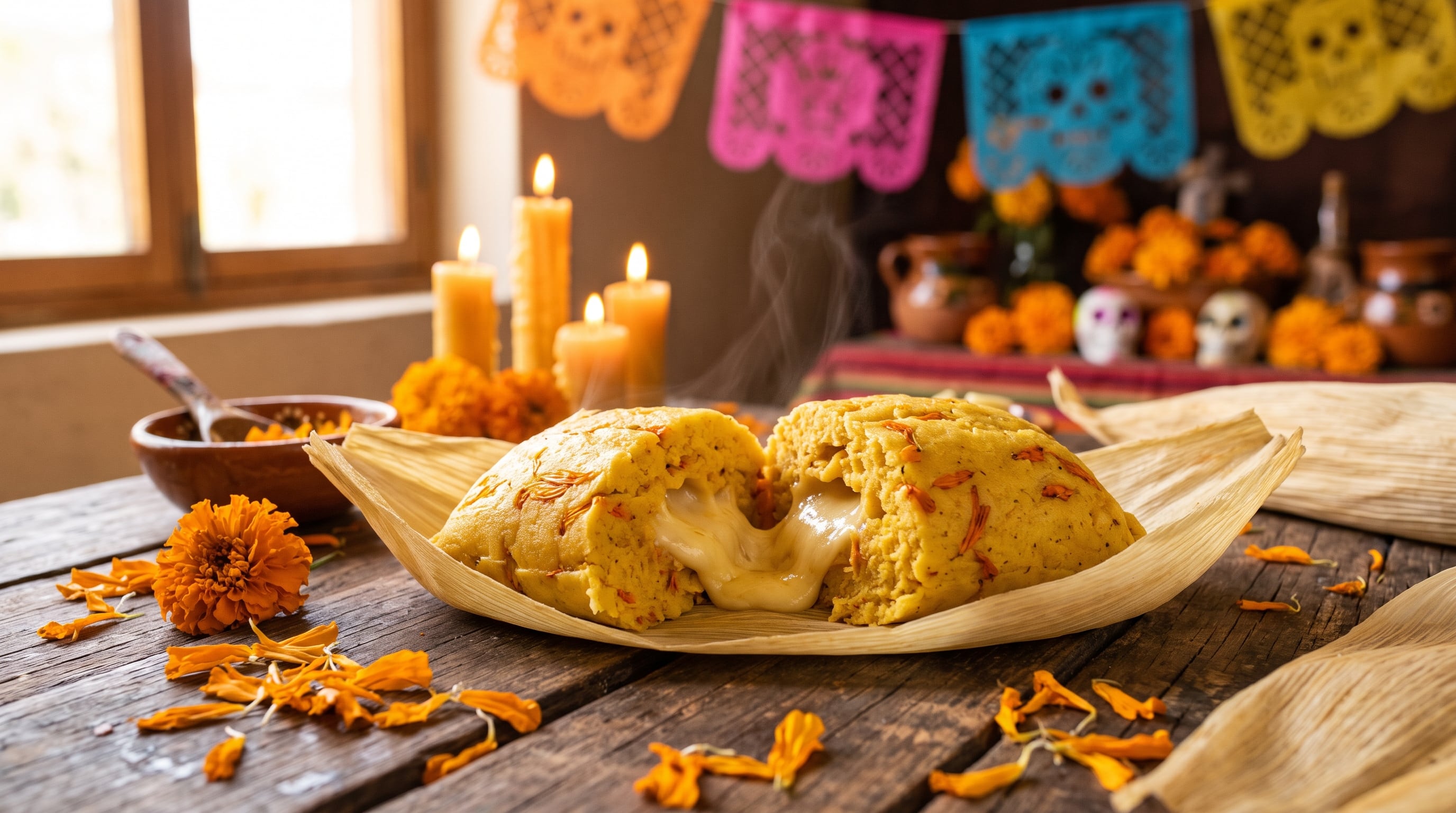Un tamal elaborado con flor de cempasúchil y relleno de queso manchego fundido reposa sobre hojas de maíz en una mesa dispuesta para el Día de Muertos. (Imagen Ilustrativa Infobae)