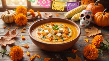 Tazón de barro con sopa naranja y dados de queso, rodeado de flores de cempasúchil, calabazas, mazorcas y una calavera de adorno.