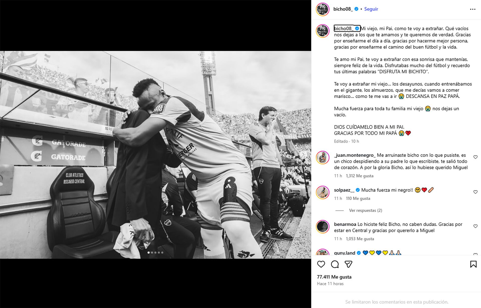 Jáminton Campaz le dedicó un emotivo posteo a Miguel Russo