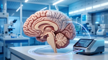 Imagen de un cerebro humano en corte sagital con un sensor de hidrogel hexagonal transparente y cables conectados a un dispositivo, sobre una mesa de laboratorio.