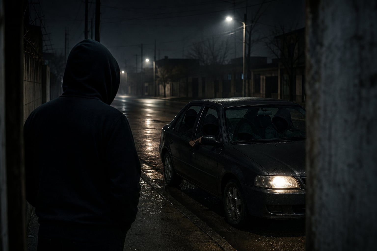 Una persona con capucha observa desde las sombras a varios ocupantes dentro de un automóvil en una calle oscura durante la noche. (Imagen Ilustrativa Infobae)