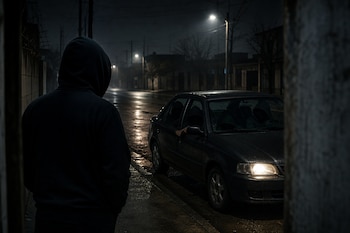 Vista trasera de una persona con capucha negra frente a un automóvil aparcado en una calle mojada e iluminada por farolas por la noche.