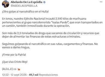 Abelardo de la Espriella informó sobre decomiso de 2.510 kilos de marihuana en Huila - crédito @ABDELAESPRIELLA/X