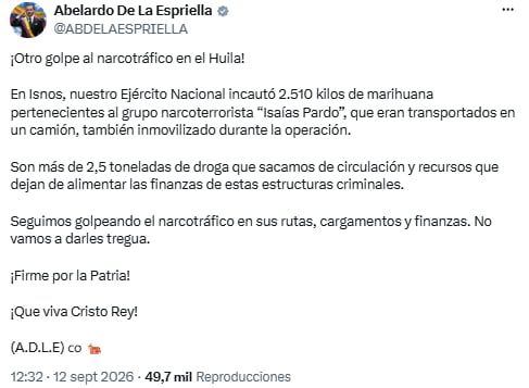 Abelardo de la Espriella informó sobre decomiso de 2.510 kilos de marihuana en Huila - crédito @ABDELAESPRIELLA/X
