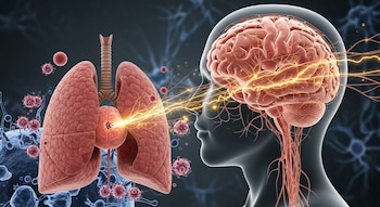 Imagen ilustrada de pulmones y cerebro humano conectados por trayectorias nerviosas, con presencia de partículas virales, simbolizando la relación entre infecciones respiratorias y posibles efectos en el sistema nervioso central.