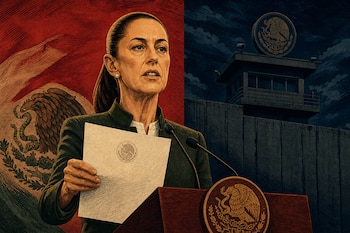 Ilustración de Claudia Sheinbaum ante un atril con micrófonos, con un papel en la mano, la bandera de México y una torre de control fronterizo.