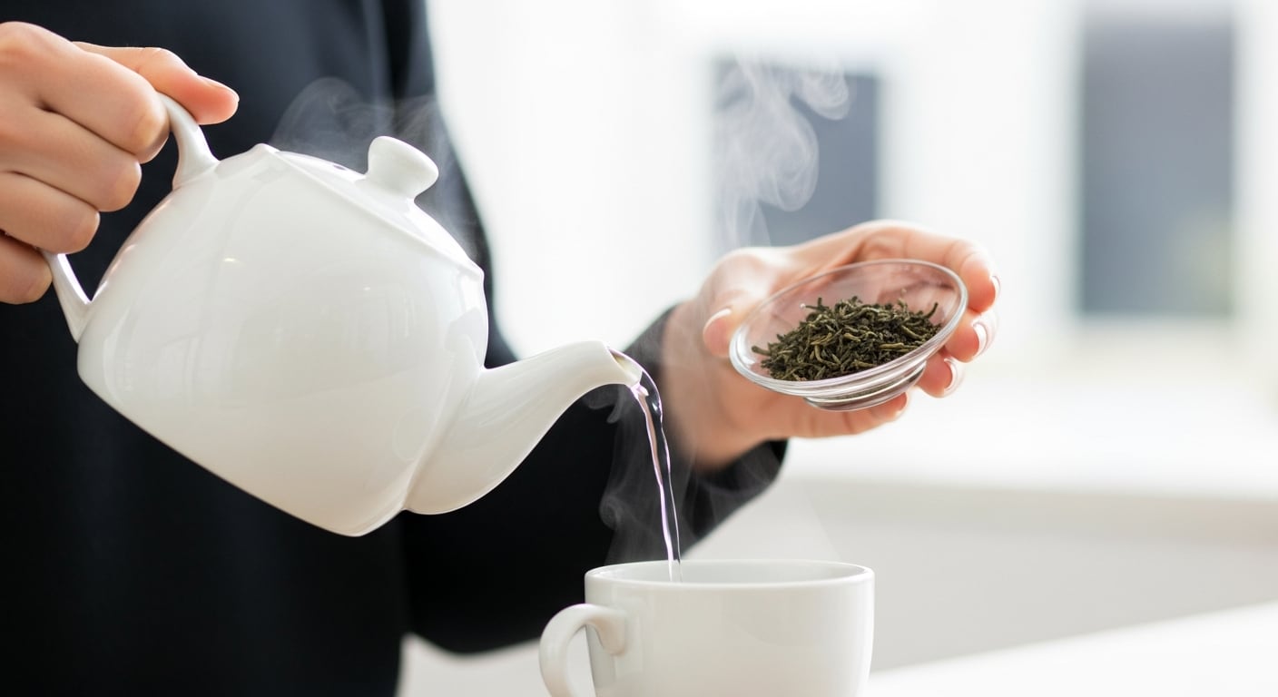 Una persona vierte agua caliente desde una tetera blanca en una taza, mientras sostiene un tazón con hojas de té verde, listo para la infusión. (Imagen Ilustrativa Infobae)