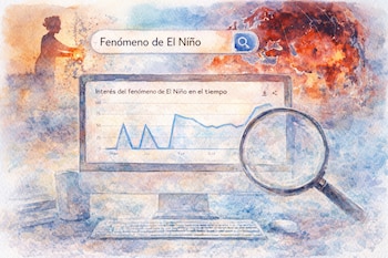 Monitor de computadora muestra un gráfico de búsqueda "Fenómeno de El Niño", teclado, ratón, lupa, silueta de persona, y mapa mundial en acuarela.