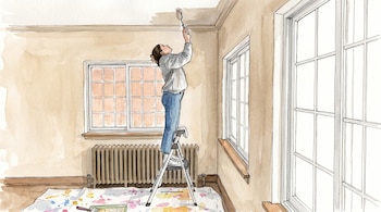 Ilustración en acuarela de una persona sobre una escalera corta que pinta el techo cerca de ventanas y un radiador.