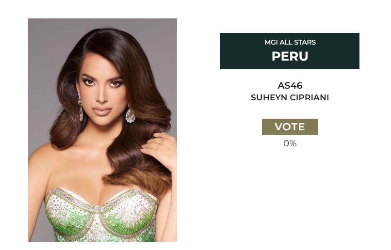 Suheyn Cipriani, representante de Perú en el MGI All Stars, posa elegantemente con un vestido strapless brillante mientras el público puede votar para que avance en la competencia.