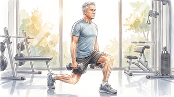 Ilustración de un hombre que hace una estocada con mancuernas en un gimnasio, con las articulaciones de rodillas y codos expuestas de forma gráfica.