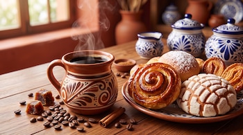 Una taza de cerámica con café negro humeante, granos de café, canela y un plato con panes dulces sobre una mesa de madera.