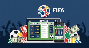 Ilustración plana de una laptop y un teléfono móvil con pantallas de apuestas deportivas, el logo de la FIFA, balones, fichas y billetes.