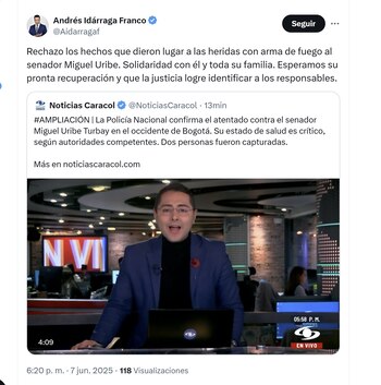 El secretario de Transparencia, Andrés Idárraga, condenó los hechos de violencia contra Miguel Uribe - crédito @Aidarragaf/X