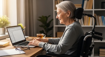 Mujer adulta mayor de pelo gris sentada en una silla de ruedas, sonriendo y escribiendo en una laptop sobre un escritorio de madera.