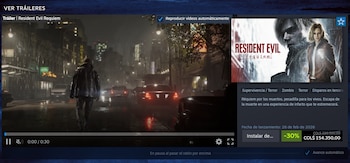 Captura de pantalla de una tienda virtual con un reproductor de video en pausa, una ilustración con dos personajes y detalles de compra
