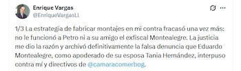 Enrique Vargas Lleras calificó la denuncia como un montaje y sostuvo que la decisión de la Fiscalía respaldaba su actuación y la de los demás directivos investigados - crédito @EnriqueVargasLl/X