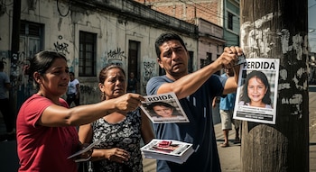 Dos adultos, un hombre y una mujer, pegan volantes de "PERDIDA" con la foto de una niña en un poste de madera, en una calle de ciudad.