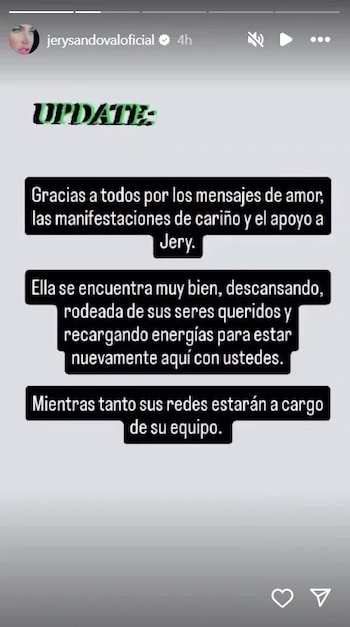 Jery Sandoval permanece alejada mientras