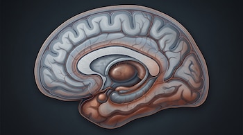 Corte sagital del cerebro humano que presenta circunvoluciones, surcos y estructuras internas delimitadas en tonos azules, grises y cobrizos.