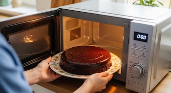 Manos metiendo un bizcocho de chocolate glaseado sobre un plato blanco con flores dentro de un horno microondas plateado con la puerta abierta.