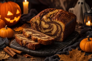 Pan dulce en rebanadas sobre una tabla de piedra, rodeado por calabazas talladas, ramas de canela, hojas secas y velas encendidas.