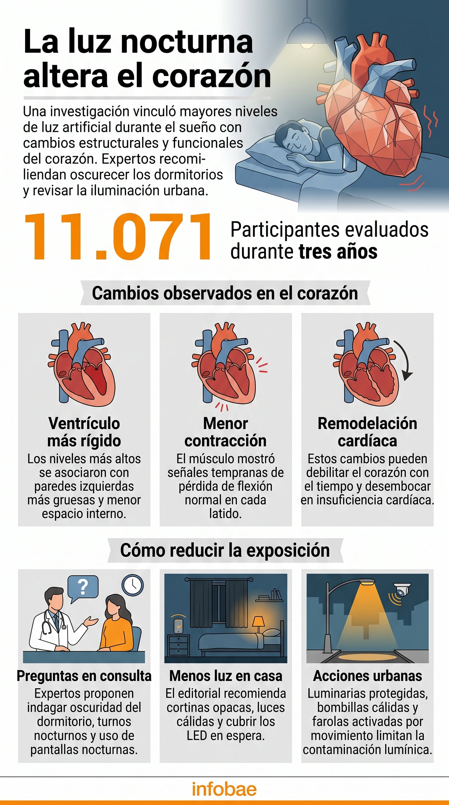 Una infografía de la Universidad Tulane en Estados Unidos detalla el impacto de la luz nocturna en la salud cardíaca y propone medidas de prevención médica, doméstica y urbana (Imagen Ilustrativa Infobae)