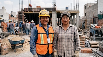 Dos mujeres ante una obra de construcción: una porta casco amarillo y chaleco naranja, y la otra lleva camisa a cuadros y gorra.