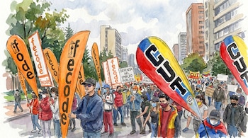 Ilustración acuarela de una marcha: personas con mascarillas portando banderas de Fecode y CUT, y carteles de 'Defensa del Empleo Público', en una calle urbana.