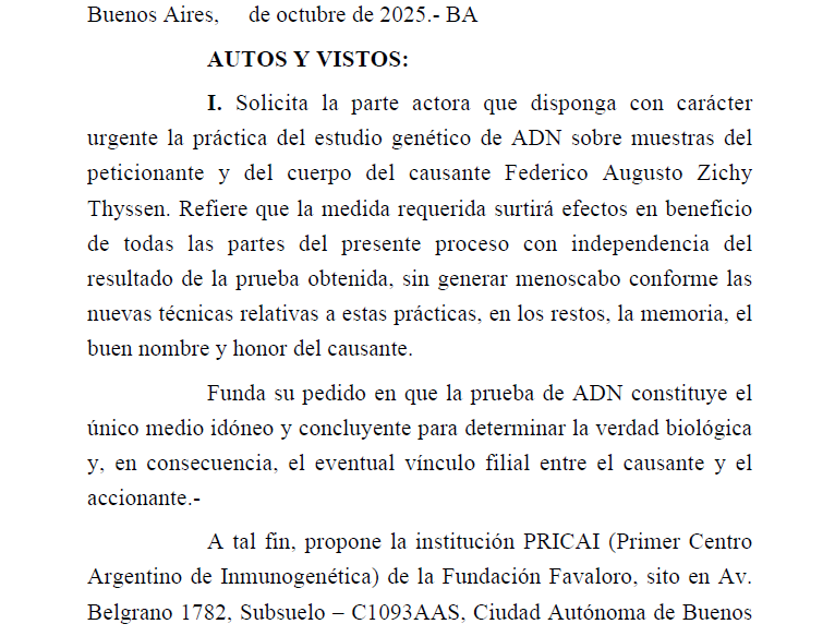 Fragmento del fallo de la jueza Paula Castro que autoriza el estudio de ADN