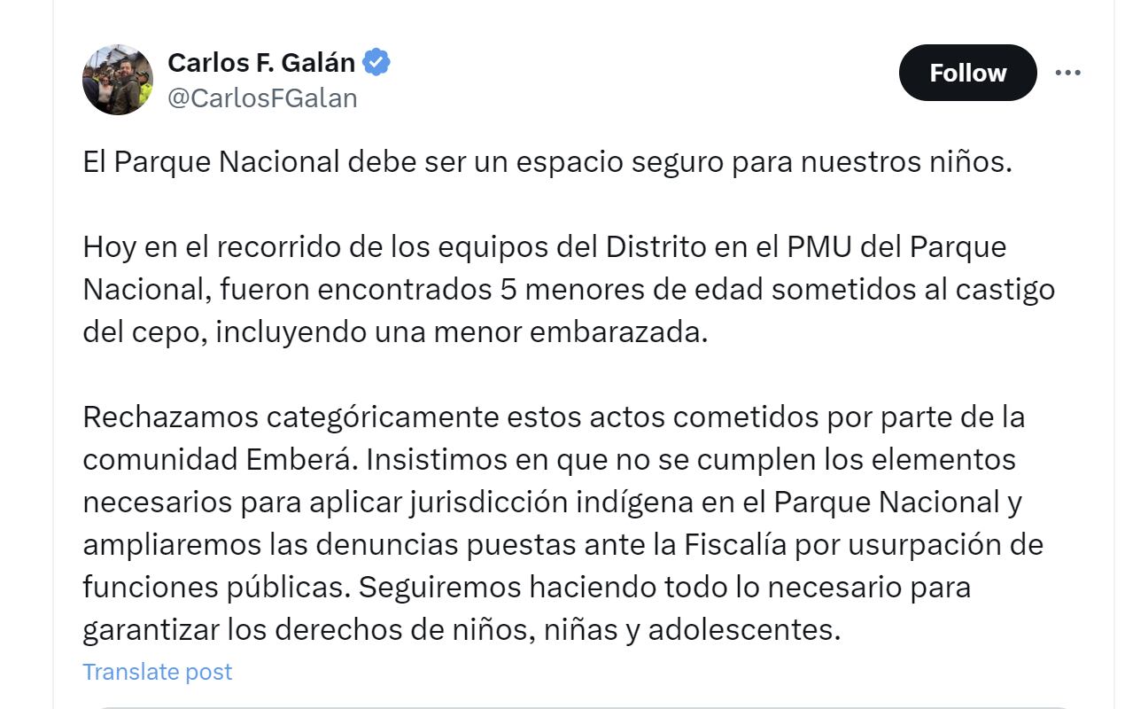 Carlos Fernando Galán condenó castigo con cepo al que fueron sometidos menores de edad indígenas - crédito @CarlosFGalan/X