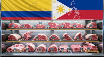 Frigorífico con múltiples estantes llenos de cortes de carne roja premium con etiquetas. Al fondo, las banderas de Colombia y Filipinas y un mapa con una flecha.