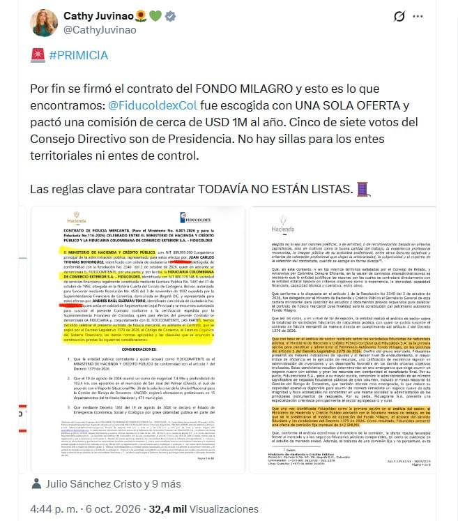 Cathy Juvinao cuestionó la estructura diseñada por el Gobierno para administrar el Fondo Milagro, creado para atender la emergencia provocada por el terremoto del 10 de agosto de 2026 - crédito @CathyJuvinao/X