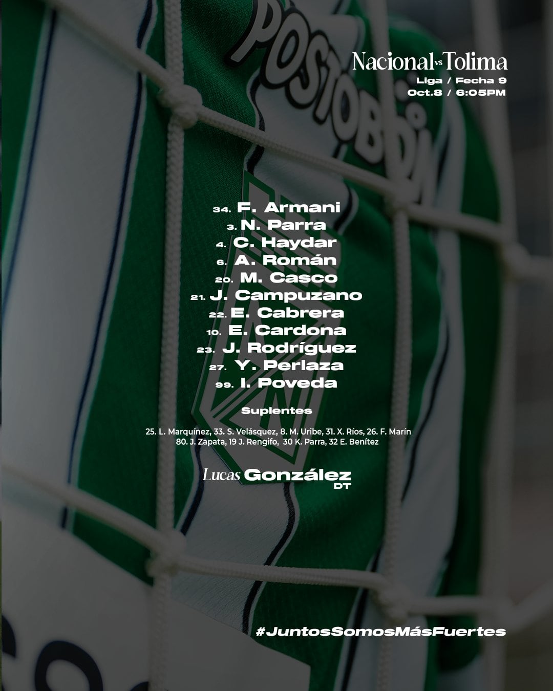 Alineación de Nacional para el partido ante el Deportes Tolima por la Liga BetPlay - crédito Atlético Nacional