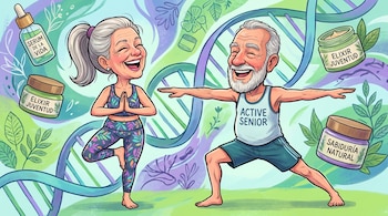 Caricatura de una mujer y un hombre mayores practicando yoga. Ella en postura del árbol, él en guerrero, ambos sonriendo. Fondo de ADN, hojas y frascos de productos naturales.