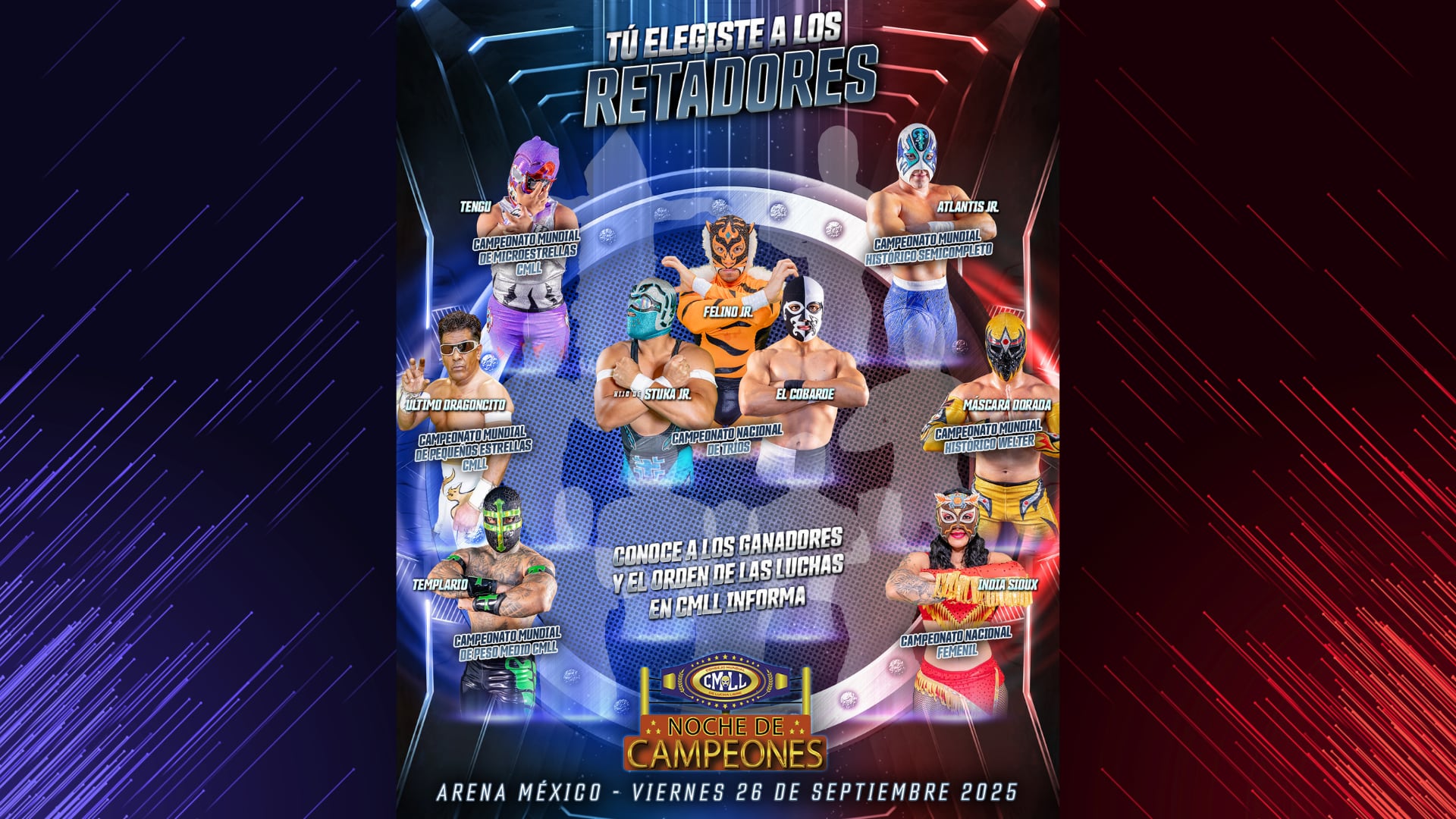 El CMLL anuncia la cartelera oficial de la Noche de Campeones 2025, con siete títulos en juego y retadores elegidos por votación de los aficionados.