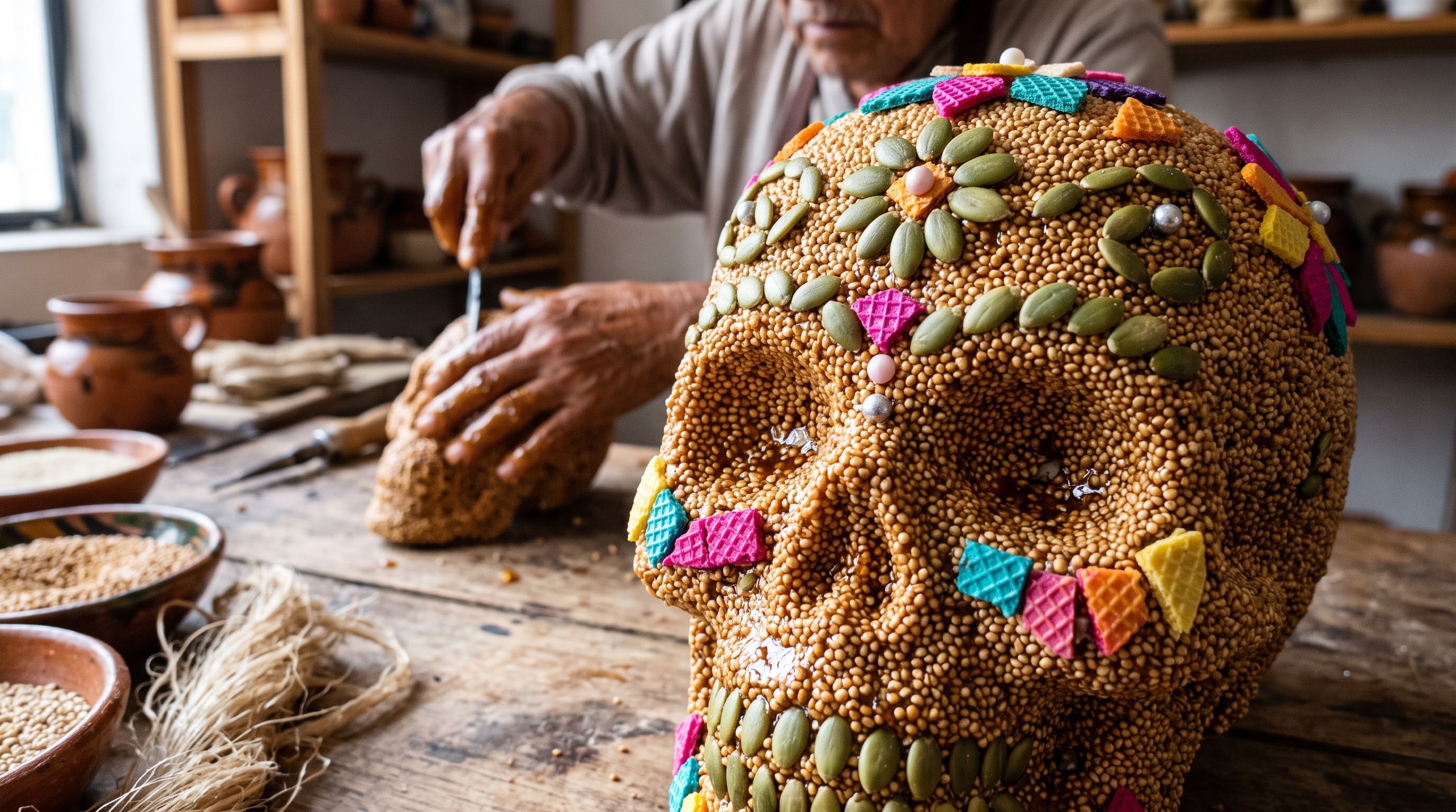 Una calavera de dulce de amaranto decorada con pepitas y obleas reposa sobre una mesa de madera mientras un artesano moldea otra pieza en un taller. (Imagen Ilustrativa Infobae)