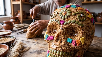 Calavera hecha de semillas de amaranto decorada con pepitas de calabaza y obleas de colores, con un artesano trabajando al fondo.