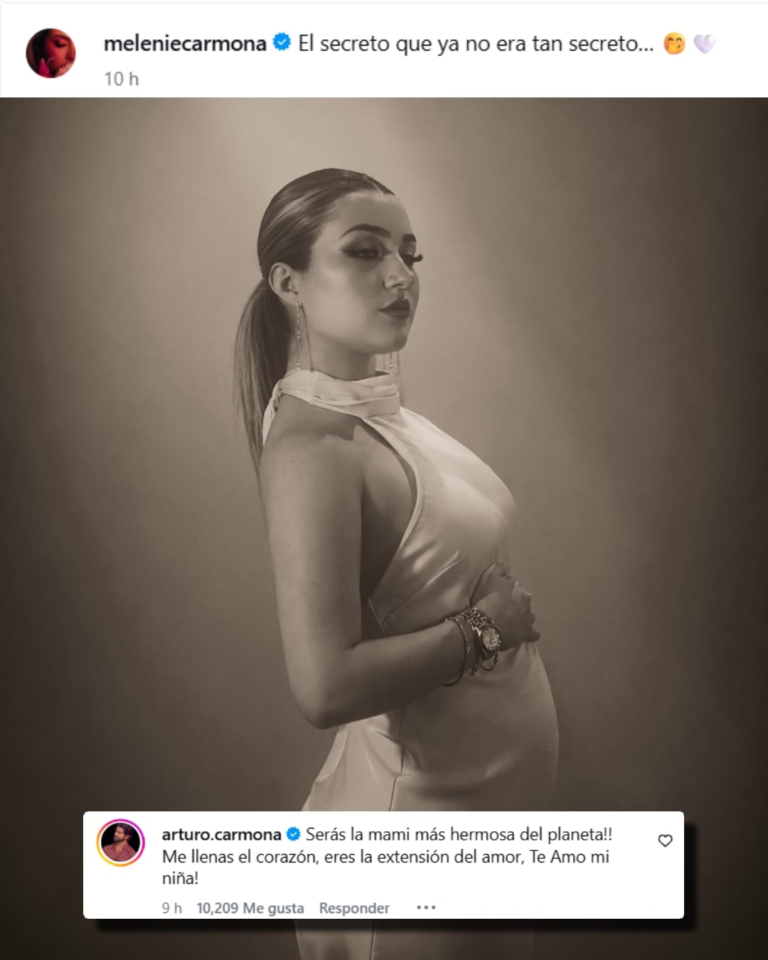 Melenie Carmona Villarreal anuncia su embarazo a través de una publicación en redes sociales junto con un mensaje de su padre Arturo Carmona. (Instagram: Melenie Carmona)