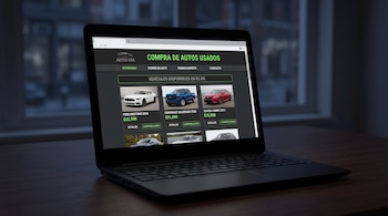 Computadora portátil abierta sobre una mesa de madera que muestra una página de compra de automóviles con sus precios.
